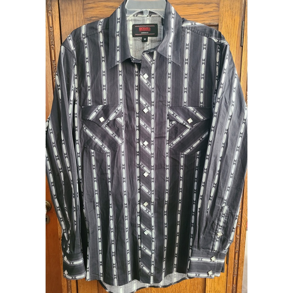 Rock & Roll Denim Mens Modern Fit Pearl Snap Western Shirt Black Gray BMN2507161